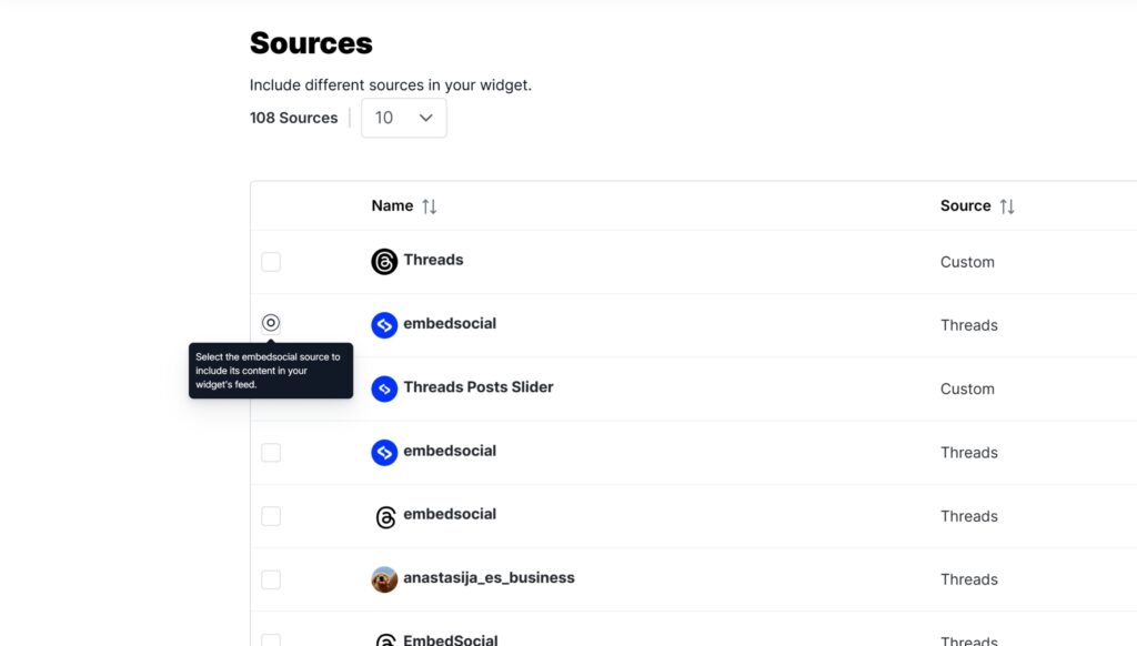 selecting your threads source in embedsocial
