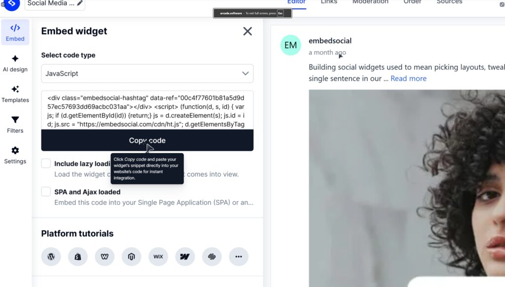 copying the embeddable widget code in embedsocial
