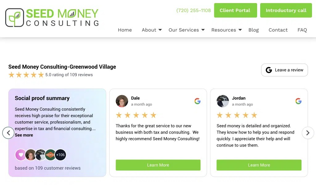 example of Google reviews widget on seed money consulting page