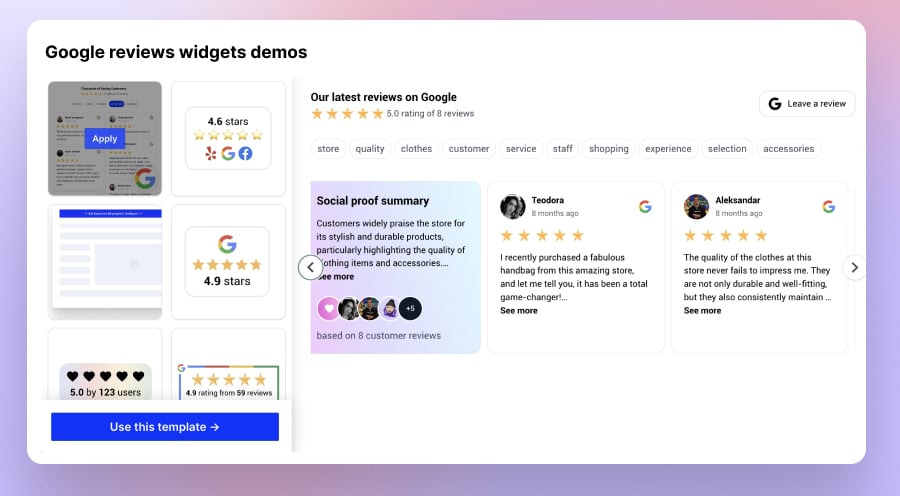 Browse live Google reviews widgets