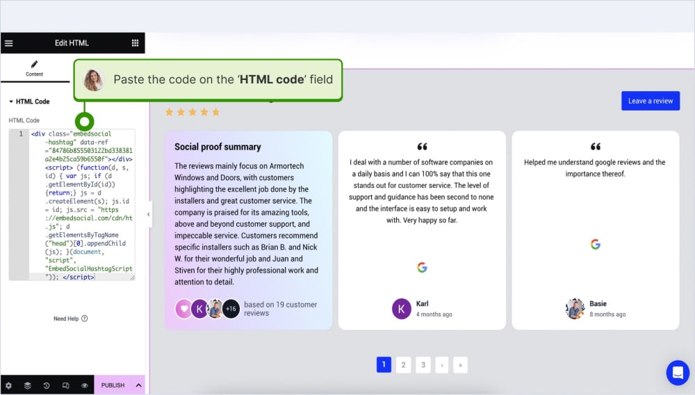 Step to add Google reviews code in Elementor