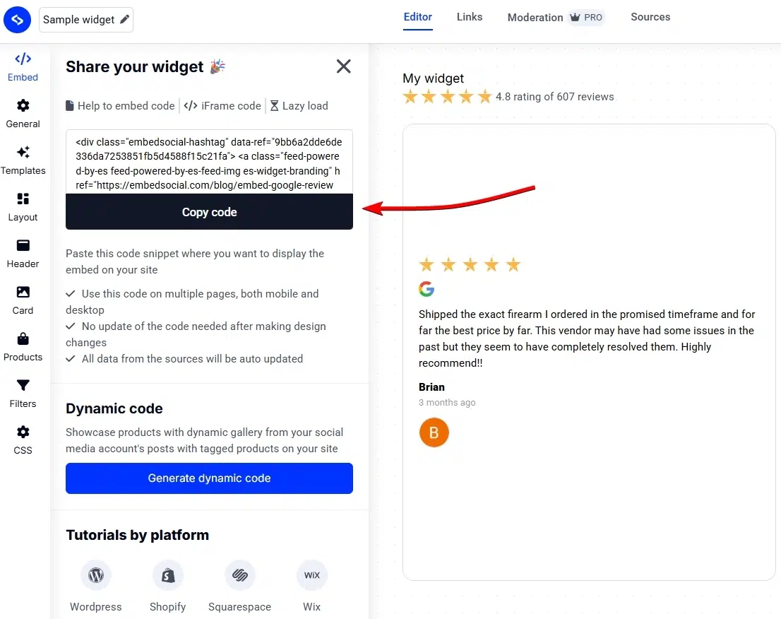 copying your free google reviews widget code in embedsocial
