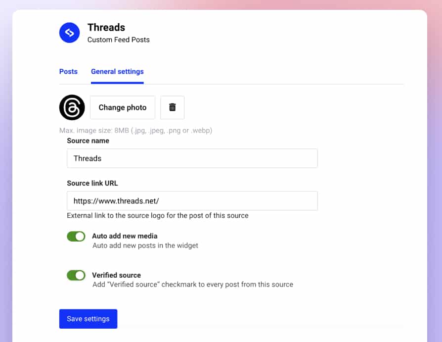 Source settings for Threads