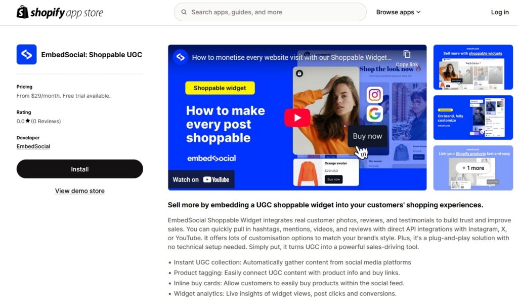 embedsocial shoppable ugc app landing page