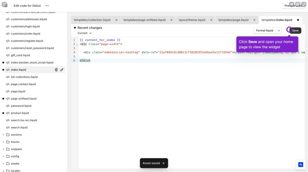 pasting embedsocial widget code in shopify