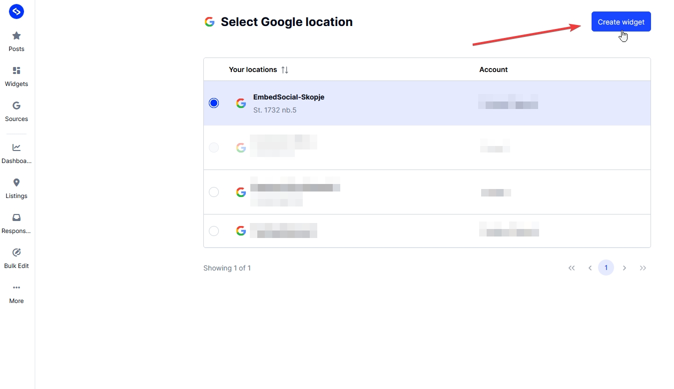 choosing a google location inside embedsocial gbp
