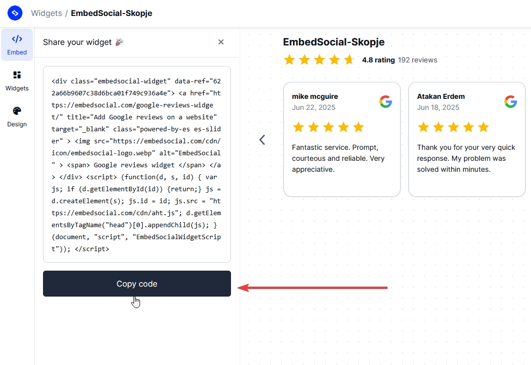 copying the embeddable widget code in embedsocial