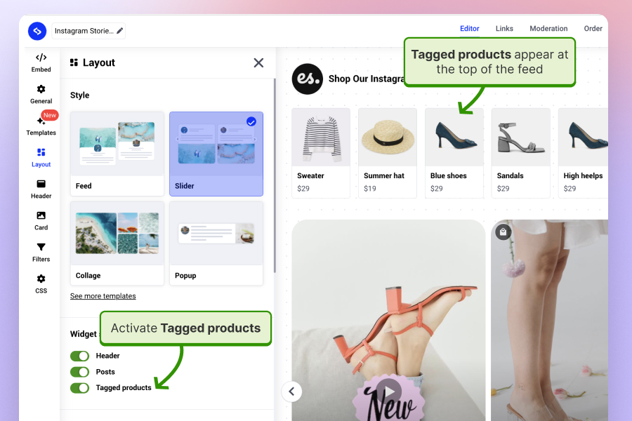 Activate tagged products section the Instagram feed