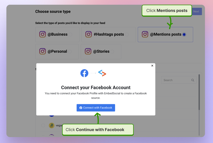 Connect facebook page with Instagram business account and generate Instagram posts