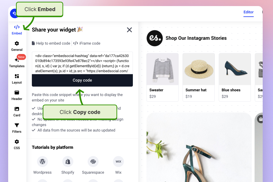 Copy the embeddable code for the Instagram shoppable widget