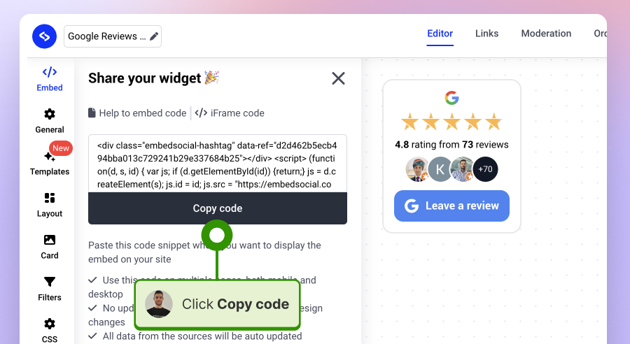 copying the Google reviews button code