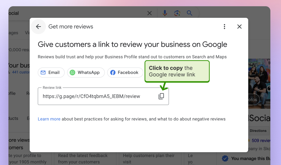 Steps to copy the Google reviews link