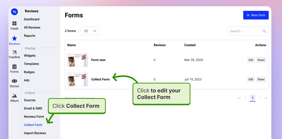 Create new reviews collect form