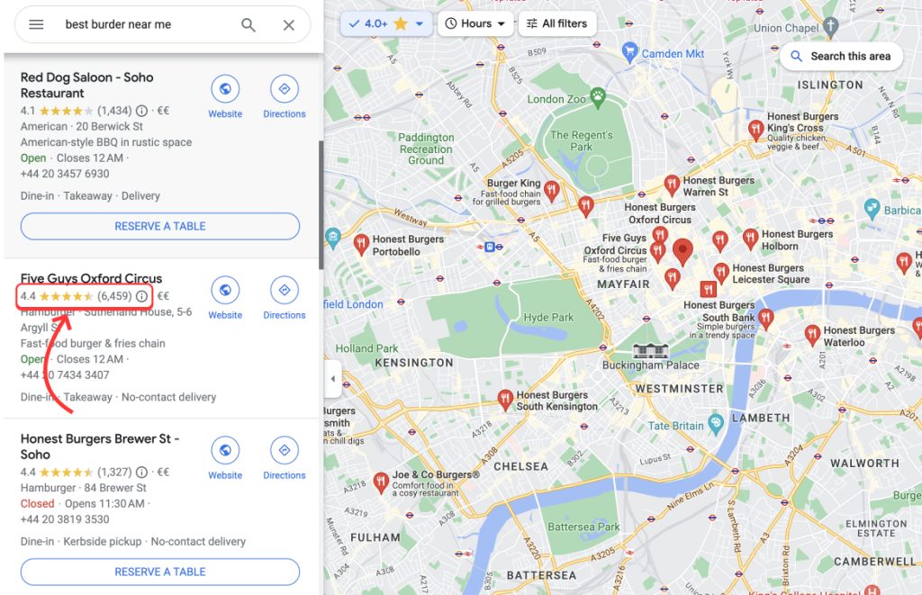 Google Maps results of top-ranking burger businesses