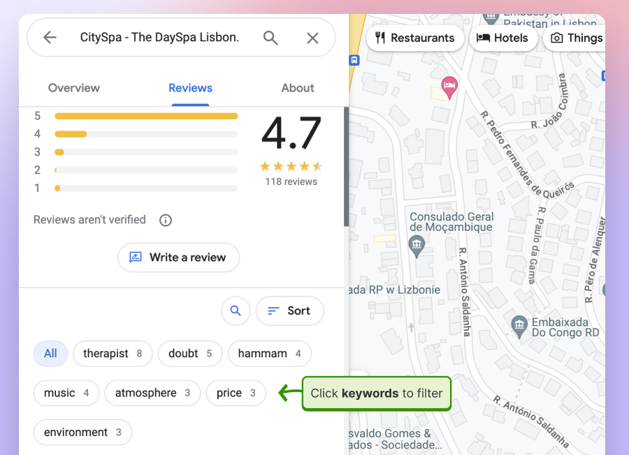 Sort and Search Google reviews by filters