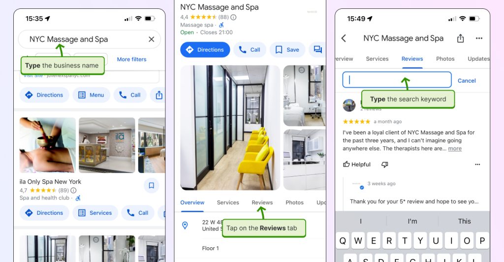 Guide to search Google reviews by keyword on mobile