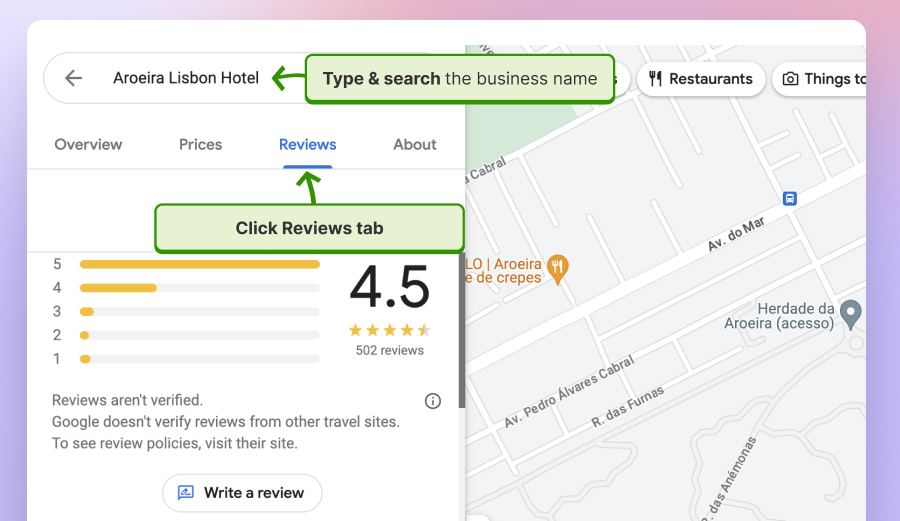 Search business in Google maps to find their reviews