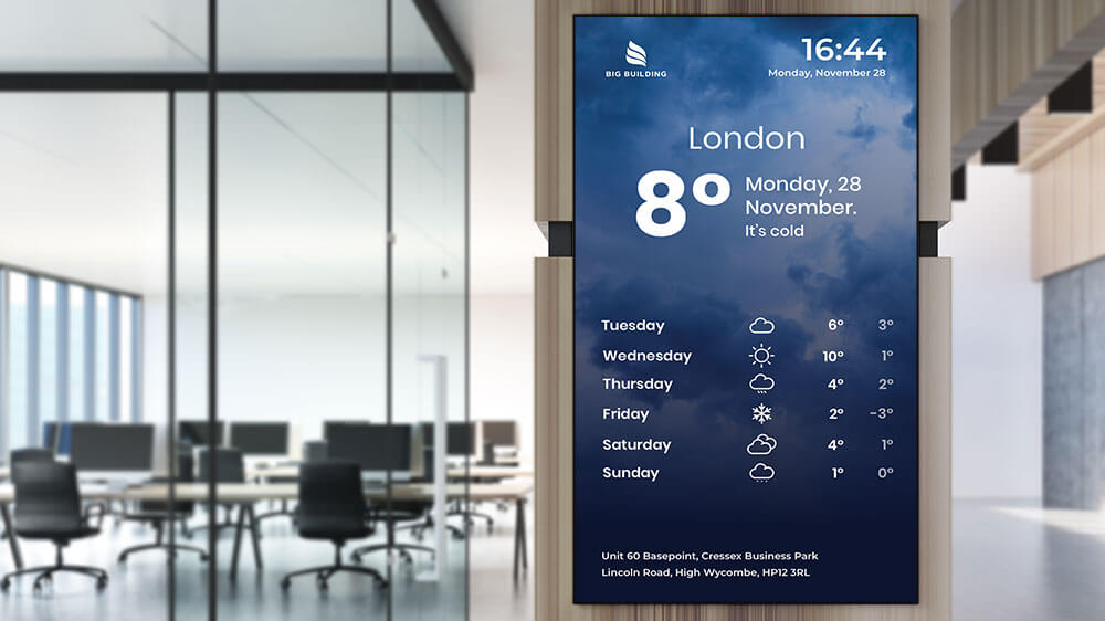 Digital signage showcasing the weather and the date