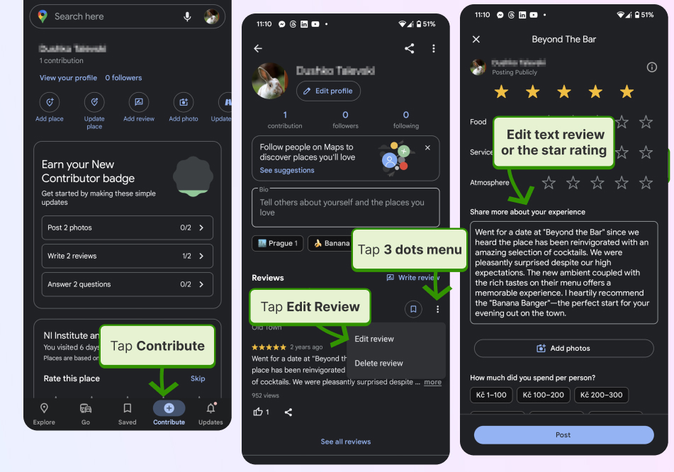 Steps to edit Google review on mobile