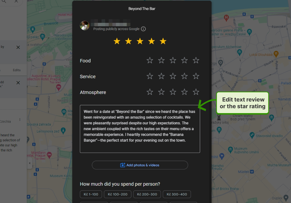 editing your google review in pop-up window