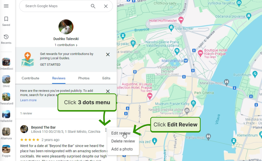 accessing the google review menu in google maps
