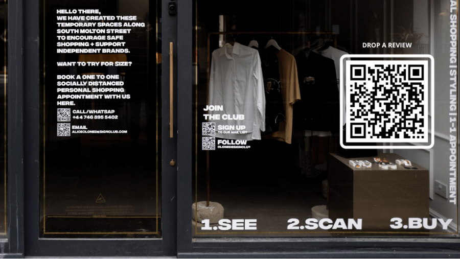 qr code print on the window of a clothing store