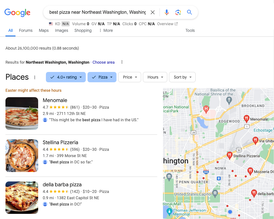 local google search results for pizzerias near washington