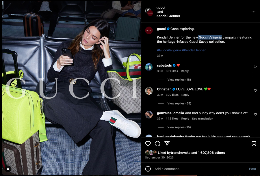 Kendall Jenner and Gucci Instagram collab post