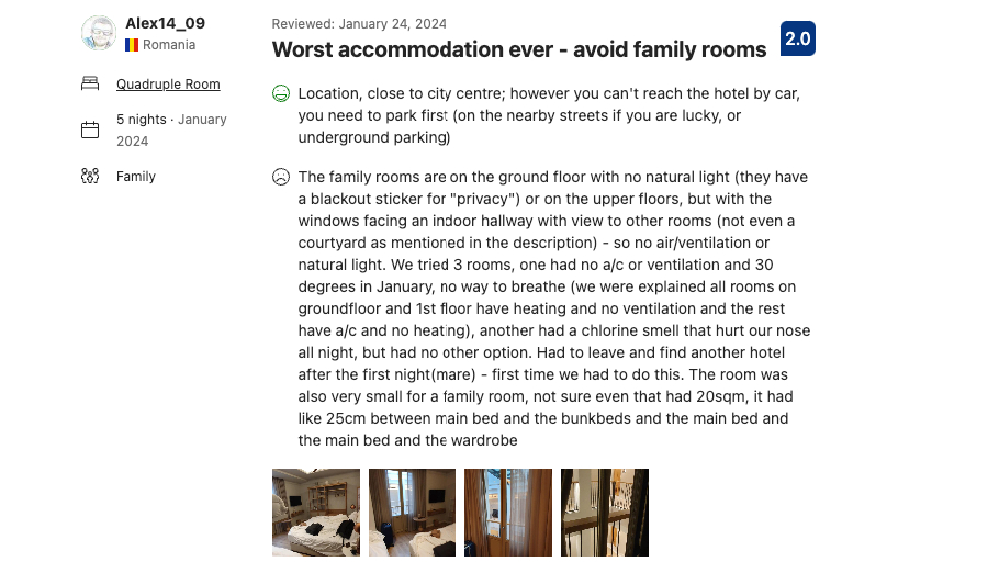 booking.com review for a hotel with bad accommodation