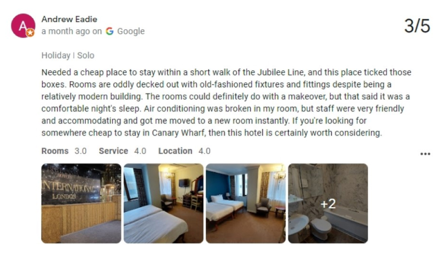 hotel review example on google