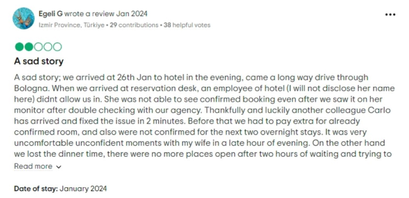 Tripadvisor negative review for a hotel