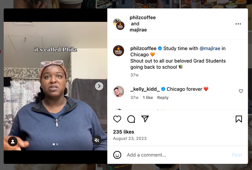 philz coffee paid UGC video example on instagram