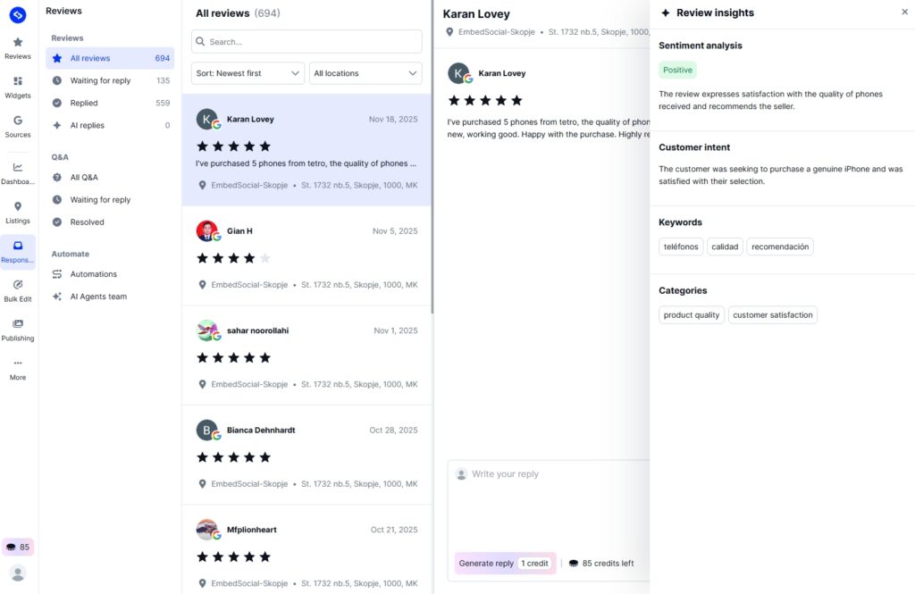 analyzing reviews in embedsocial gbp