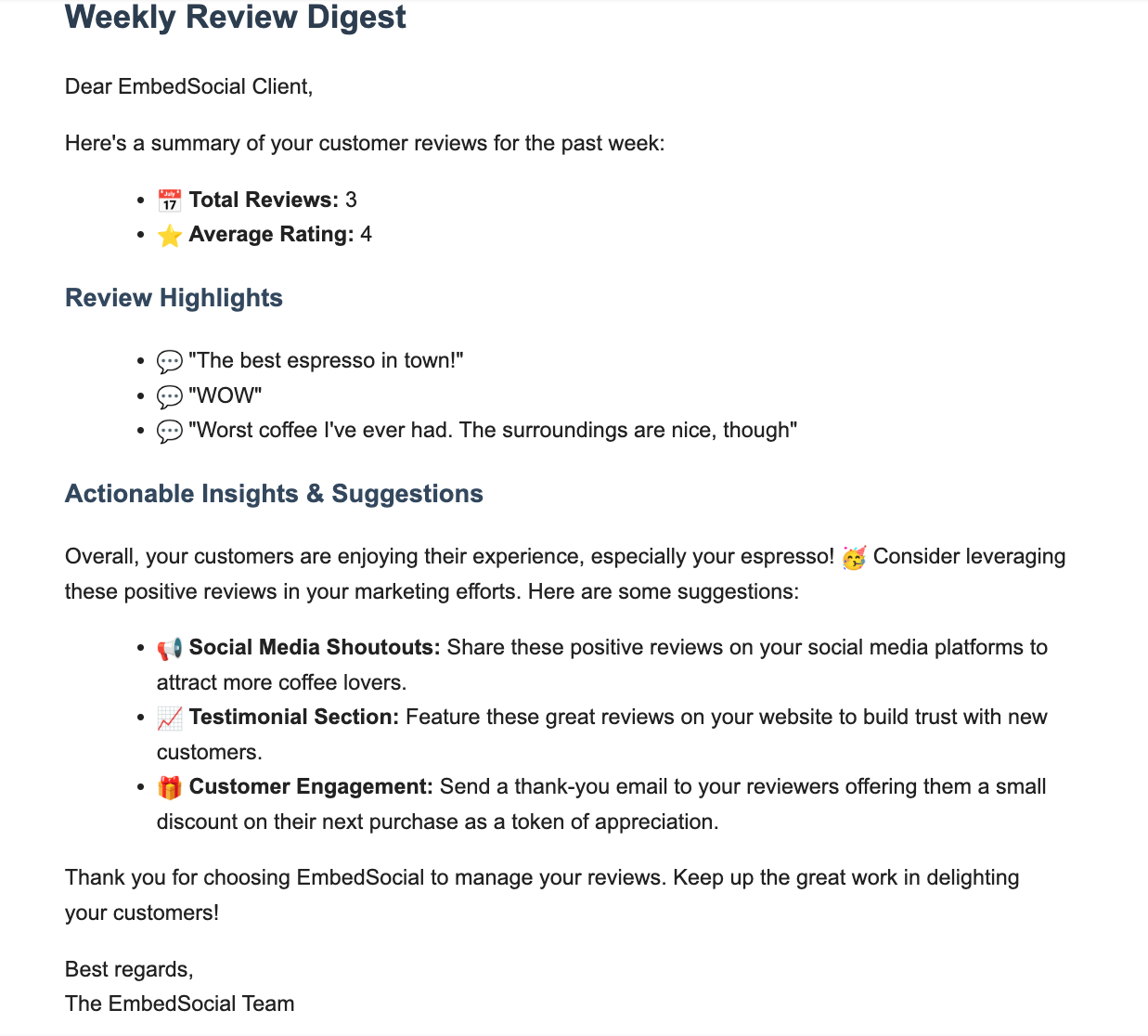 embedsocial weekly review digest example