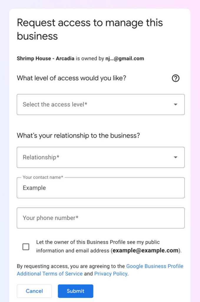 request access form for a google business profile