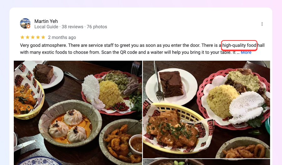 Example of good restaurant google review for food