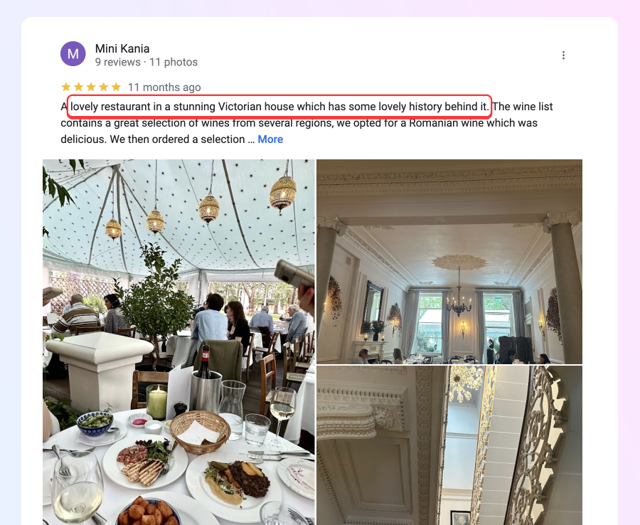 Example of a restaurant review about ambience and location 