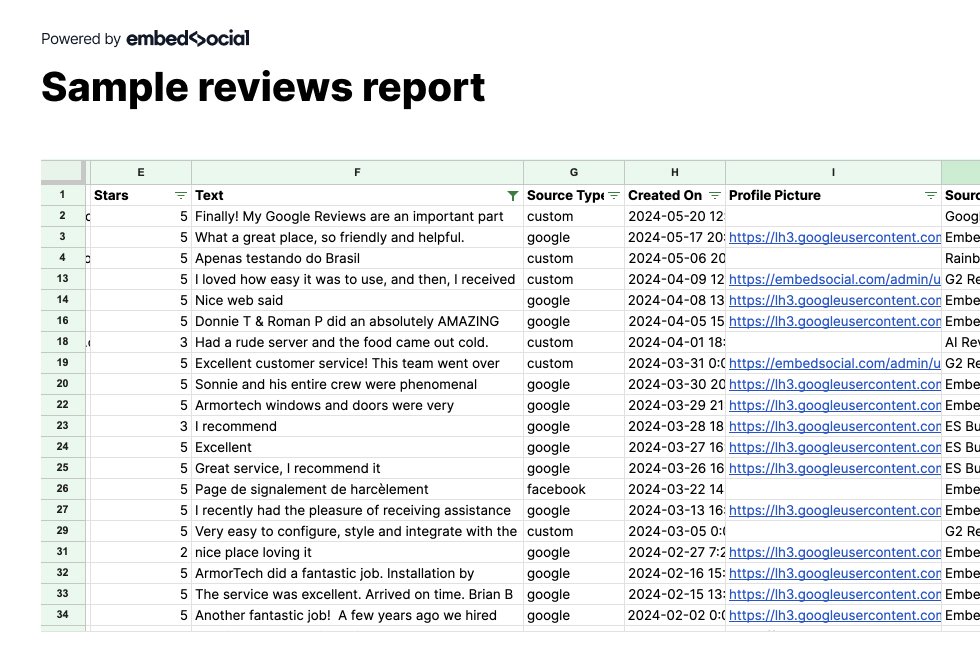 Example of a Google reviews report
