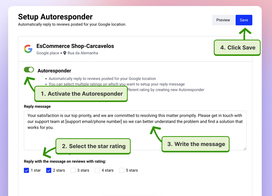 Steps to setup auto responder for Google reviews