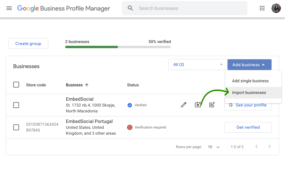 importing a business via google business profile