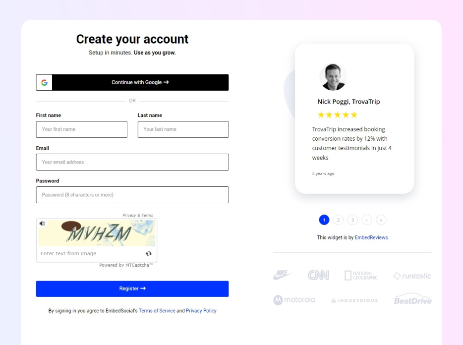 creating an embedsocial account landing page