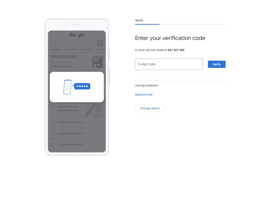 entering the six-digit verification code in gbp