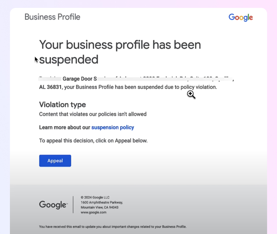 google business profile suspension email notice