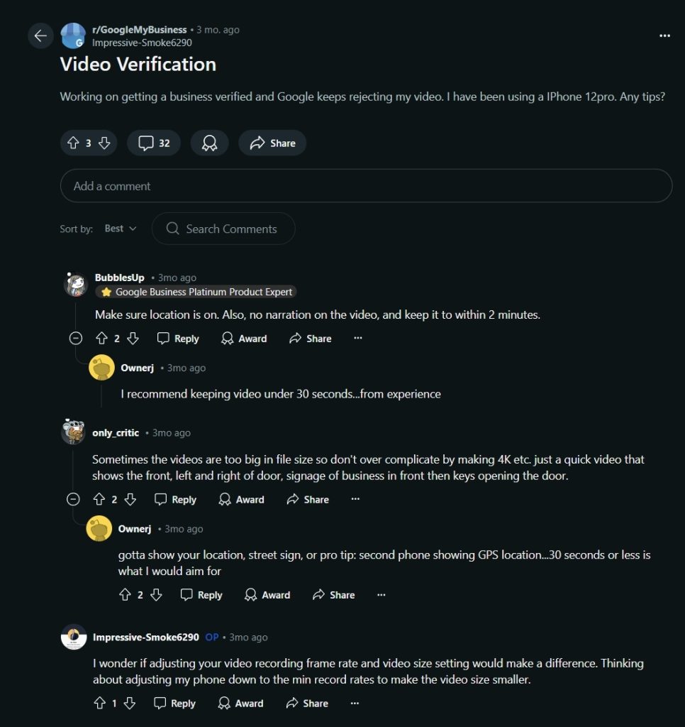 reddit thread about verifying gmb via video