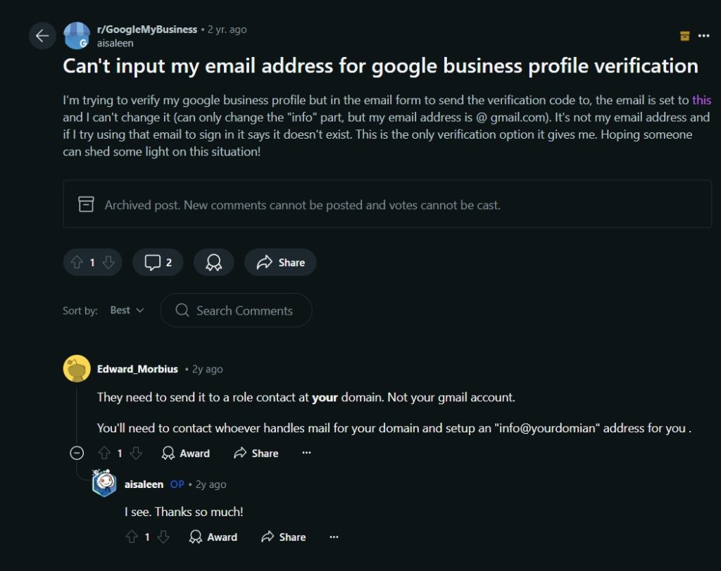 reddit thread on business verification via email