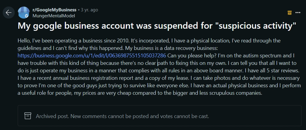 reddit question about a gmb suspension for suspicious activity