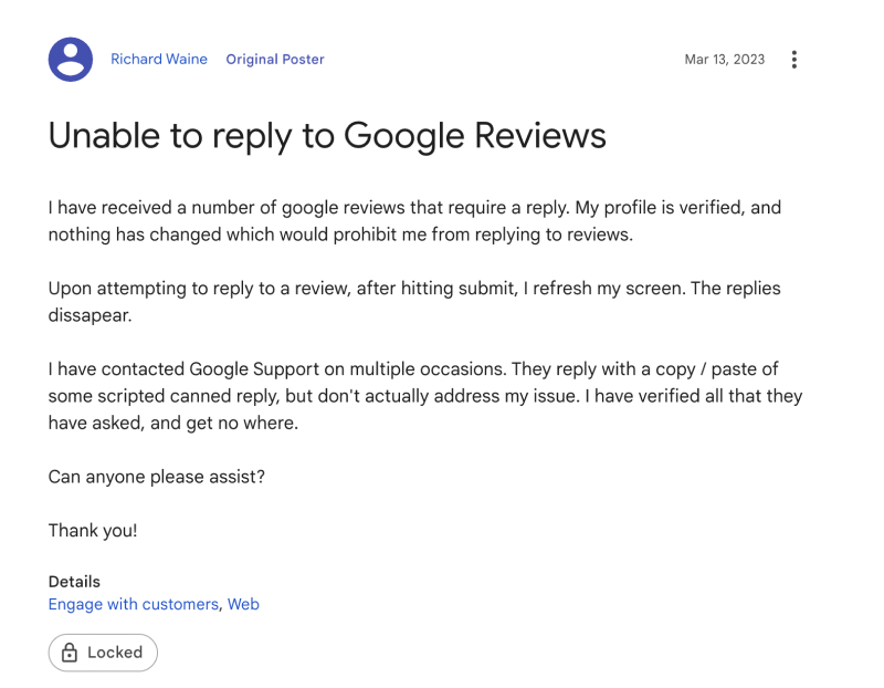 Unable to reply to Google reviews