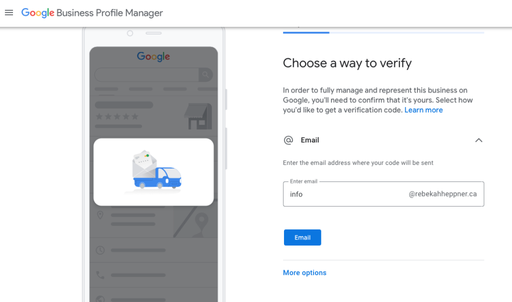 choosing the email verification method in gbp