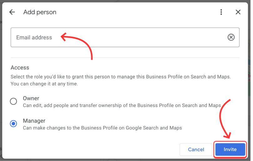 Invite a team member by email to manage Google business profile