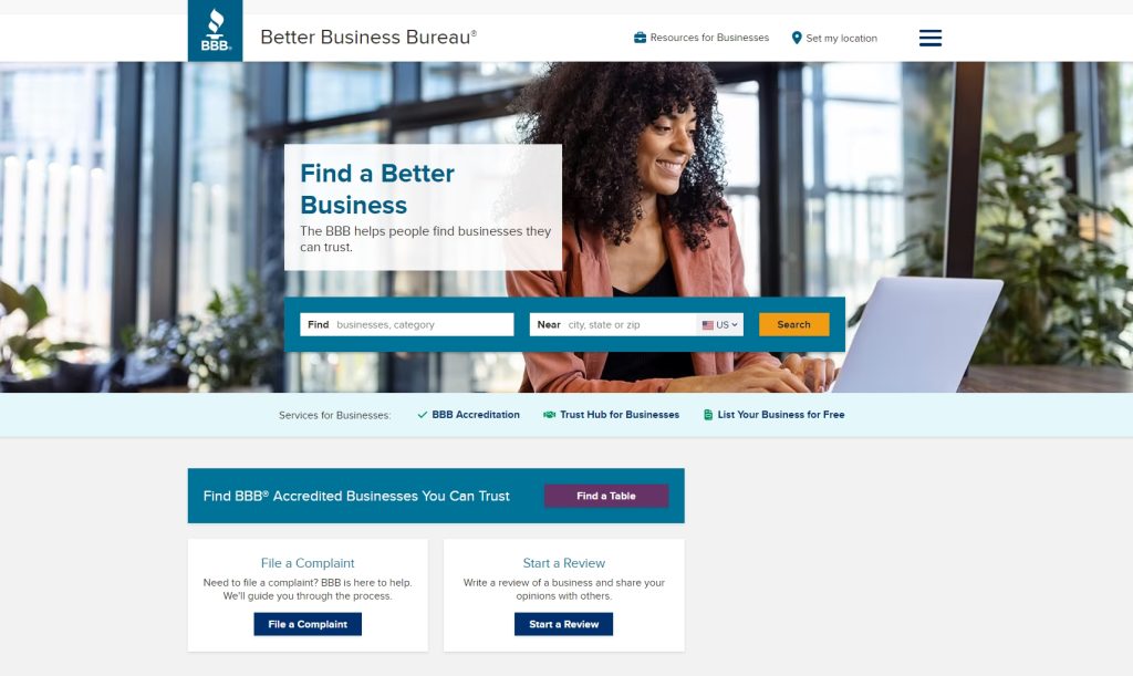 better business bureau landing page